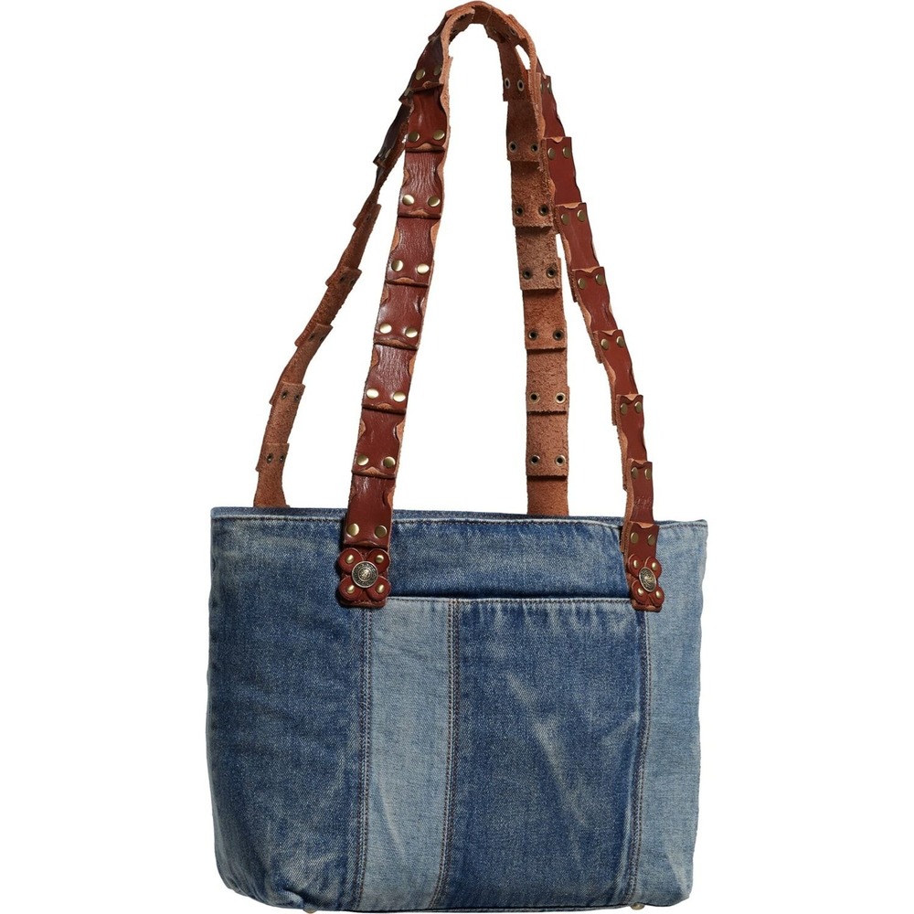 NWT Patricia Nash Maggiore Blue Denim Patchwork Tote Bag Genuine Leather Straps
